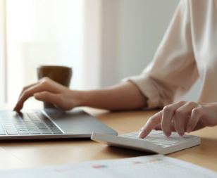 Woman using computers and calculator.